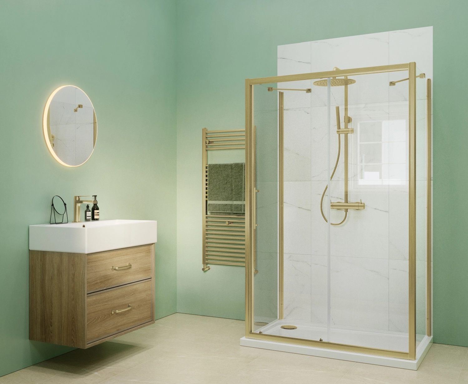 Modern sage green walls, marble tile backdrops